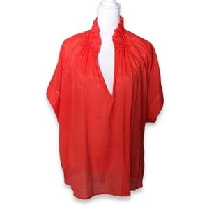 BANANA REPUBLIC Blouse Gathered Popover Short Sleeve Ruffle V Neck Top Orange XL
